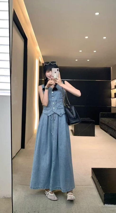 Summer Style Denim Vest With Long Skirt Sets